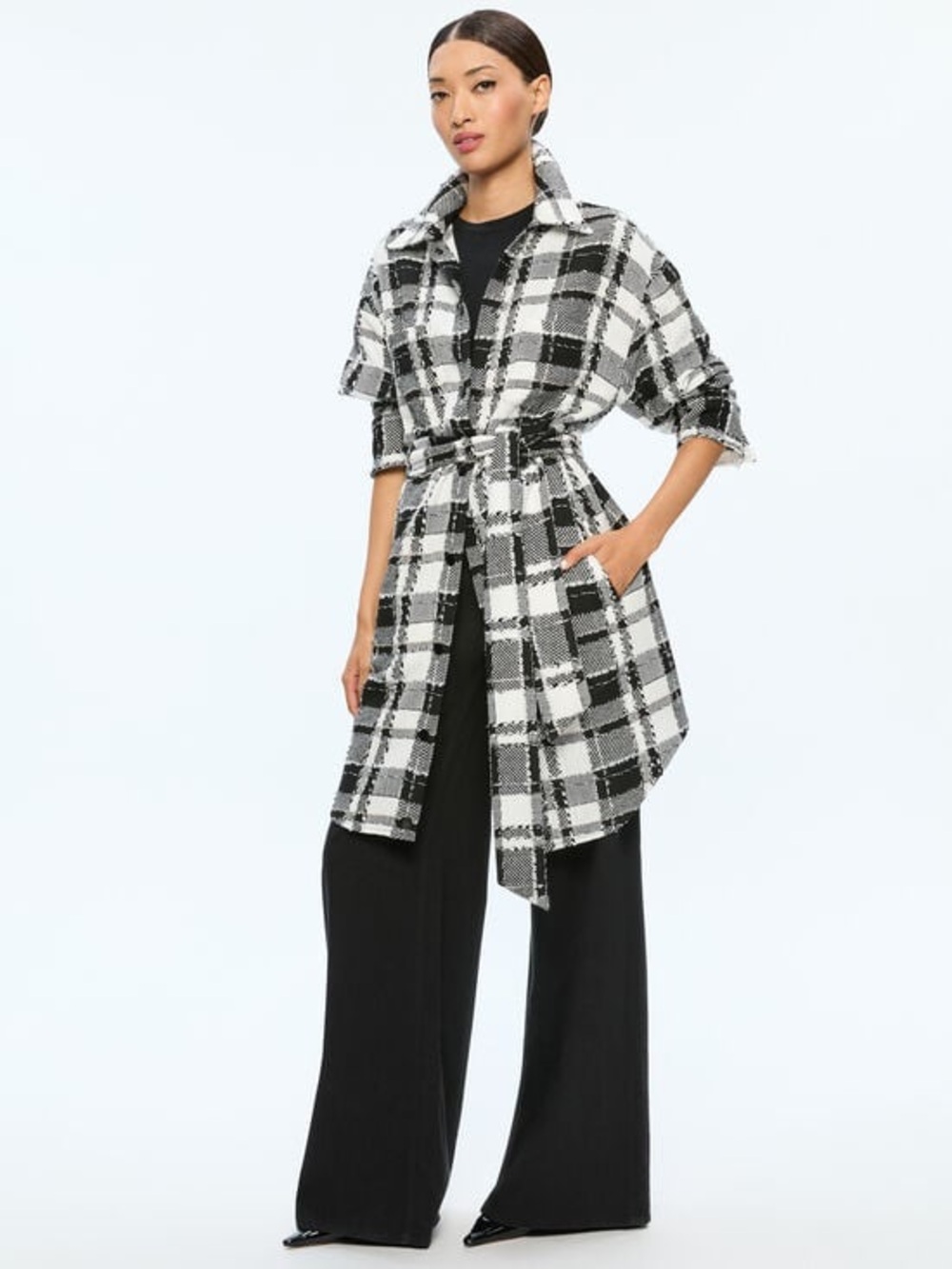 NWT Alice + Olivia Black and White Plaid Belted Shirt Coat